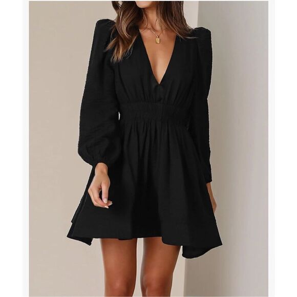 NEW Deep V Long Sleeve A-line High Waisted Flowy Mini Dress L - Picture 1 of 5